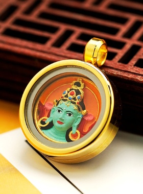 手绘擦擦唐卡五爷扎基拉姆文殊浮雕唐卡吊坠钛钢1.5cm嘎乌盒擦擦