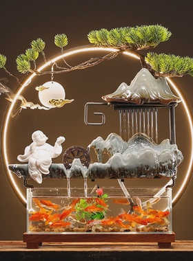 玻璃小金鱼缸创意流水财富摆件流通办公室桌面客厅开幕礼品