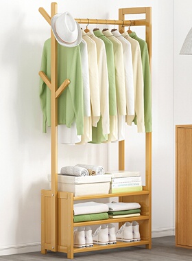 批发门口简易家用鞋柜衣帽架一体挂衣架落地式卧室实木多层收