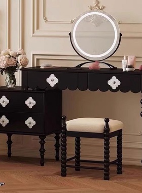法式复古黑色贝壳实木梳妆台斗柜一体古风卧室伸缩化妆镜椅子组合