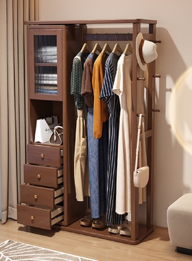 实木家用可旋转带穿衣镜衣帽架卧室衣柜新中式落地多功能挂衣批发