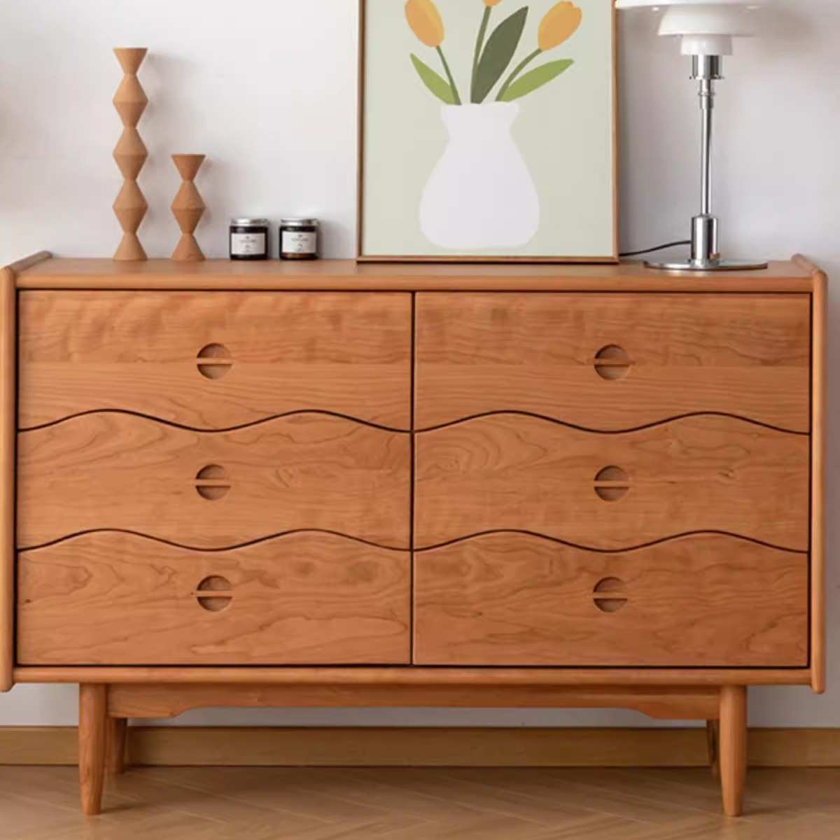海浪六斗柜北欧橡木日式卧室现代简约家具樱桃木柜斗柜客厅储物柜 - 图0