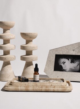 侘寂风黑色洞石烛台摆件客厅玄关餐厅家居样板间摆件