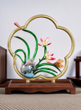 高端黄铜兰花摆件中式高档客厅玄关装饰工艺品搬新家乔迁之喜礼物