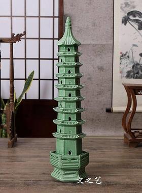 绿色办公室摆件大号九层陶瓷塔书房假山造景装饰中式客厅简约水缸