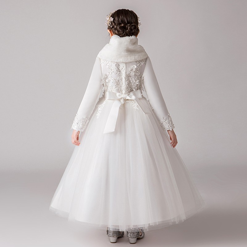 儿童公主裙花童婚纱裙子女童白色连衣裙长裙中大童演出礼服春秋冬 - 图2