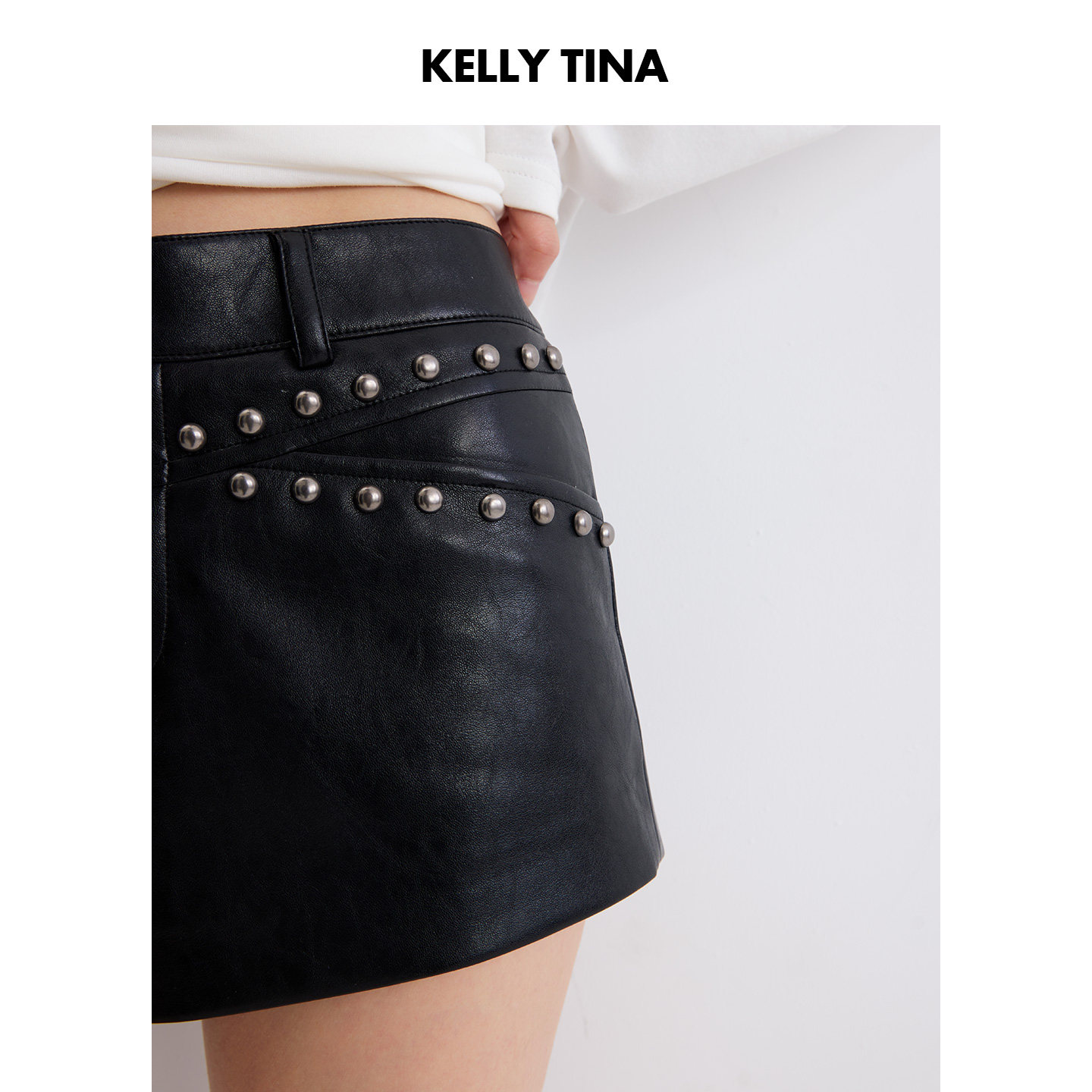 KELLY TINA 美式酷辣风铆钉皮短裤女显瘦百搭辣妹热裤蛋白皮裤子,淘宝优惠券,粉丝福利购,淘宝优惠卷
