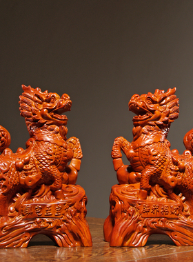 黑檀木雕麒麟实木瑞兽一对家居客厅电视柜办公装饰红木工艺品