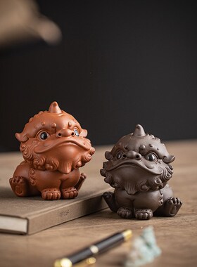 国潮醒狮陶瓷茶宠家居茶室桌面装饰品办公室招财小狮子吉祥物