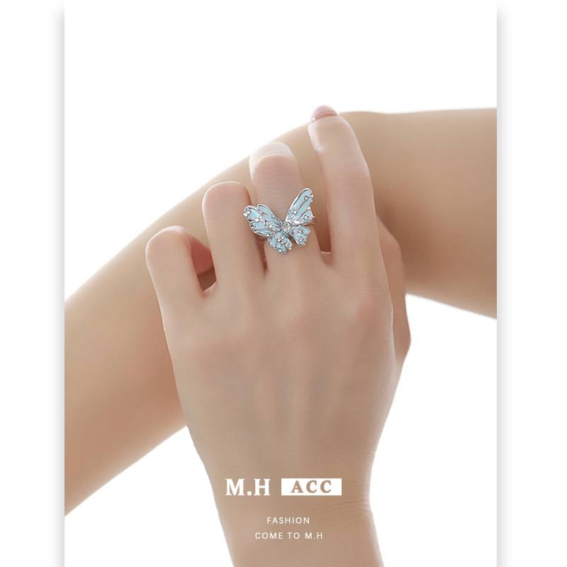Original design blue butterfly ring, light luxury, fashionable and high-end ring, simple and versatile index finger ring for women