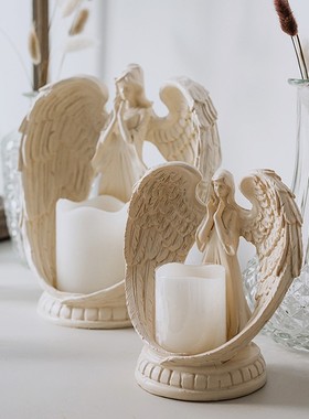 欧式复古做旧翅膀天使LED蜡烛台摆件美式人物雕像装饰小摆设礼物