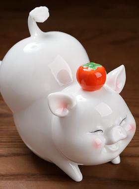 小创意爱陶瓷猪家居客茶室桌面摆厅件诸事如意柿来运H03-73A可转