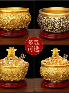铜聚宝存盆摆件金钱元宝饰聚宝盆双龙客厅卧室装品钱罐开DUQ 业送