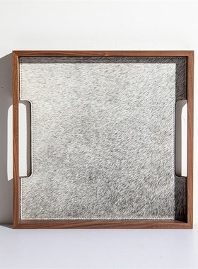 现代简约手工高端金属皮革黑白马毛D托盘收纳创意家居摆件茶几样