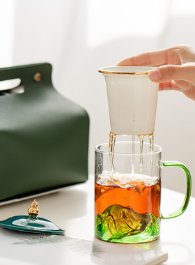 仟信观山杯茶水分离耐热玻璃杯带盖过滤办公水杯定制TLOGO端午礼