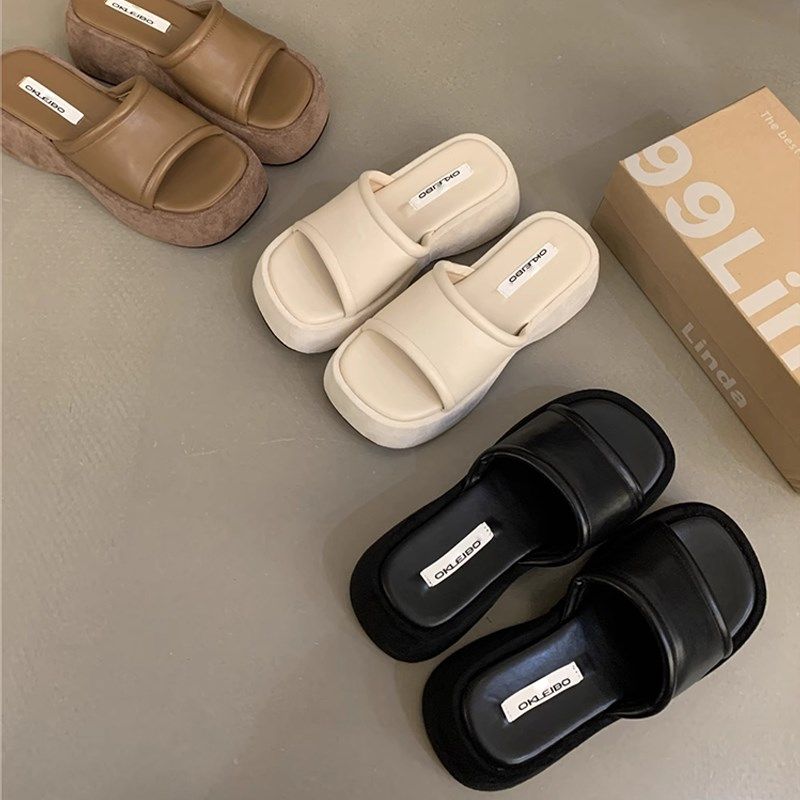 黑色松糕底小个子增高厚底凉拖鞋女外穿2025夏季凉鞋百搭一字拖鞋,淘宝优惠券,粉丝福利购,淘宝优惠卷