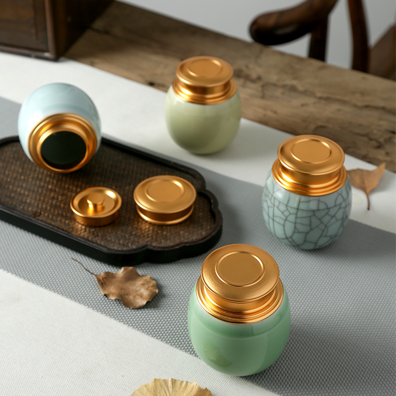 青瓷小号迷你茶叶罐金属盖陶瓷小茶罐密封罐便携旅行存茶罐储茶罐 - 图1