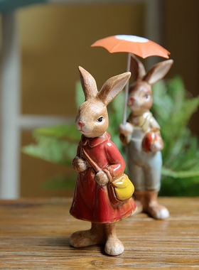 美式情侣兔子杂货花园庭院装饰桌面摆件复古乡村童话乔迁礼品