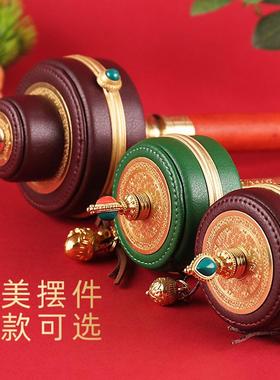 圣大纯铜转经简手摇转金轮底座藏式皮革摆件超大号手持转金桶筒转