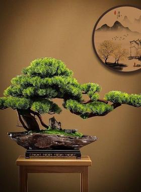 仿真迎客松实木绿植盆景家居装饰摆件中式客厅玄关办公室桌面盆栽