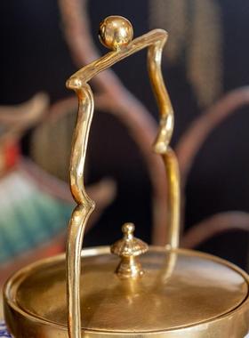 茱莉安法式复古别墅客厅手提储物罐陶瓷配铜青花瓷盖盒装饰摆件