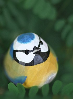 鹿妖商店 肥啾木雕小鸟 礼物 蓝山雀小胖鸟 纯手工 实木桌面摆件