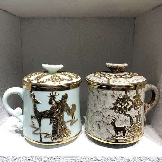 好客山东 威海窑变锡镶盖杯茶杯带盖水杯家用办公室老式会议杯子