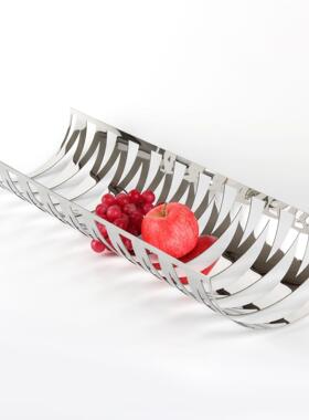 现代艺术卷边托盘轻奢几何网格镂空果盘摆件样板房售楼处软装饰品