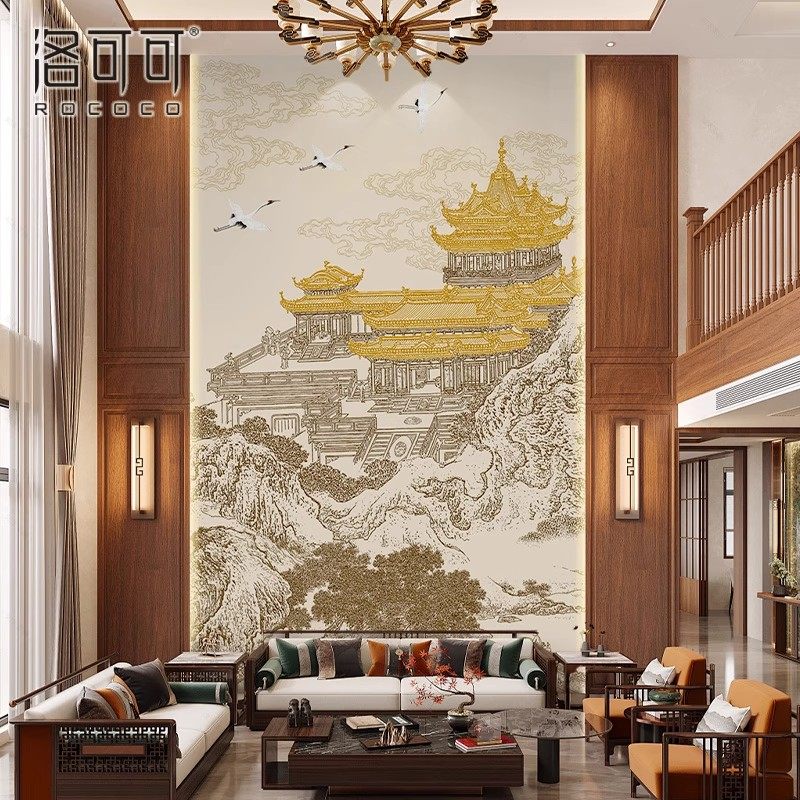 轻奢新中式线条山水楼阁建筑背景墙壁纸客厅沙发卧室墙布别墅壁画,淘宝优惠券,粉丝福利购,淘宝优惠卷