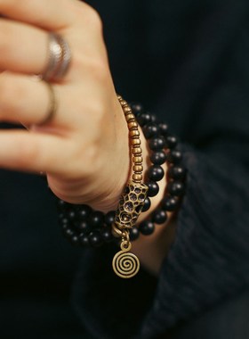 小众设计复古文玩手串女 混搭黄铜珠子檀木手饰个性多层手链男潮