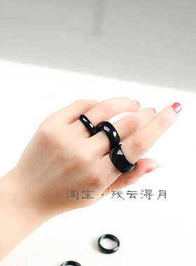 天然黑玛瑙玉髓玉髓男女款黑色扳指加宽玉石情侣食指戒指文玩指环