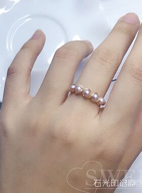 石光印记天然淡水珍珠手工戒指女款不褪色14K注金麻花指环超秀气