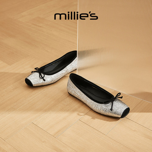 MILLIE'S/妙丽银色方头平底玛丽珍鞋女蝴蝶结单鞋优雅舒适不累脚Z - 图1