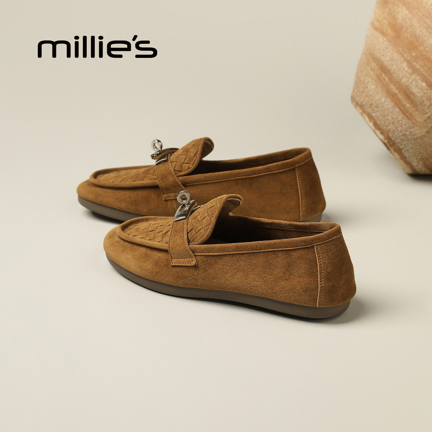 MILLIE'S/妙丽反绒皮乐福鞋女一脚蹬编织金属扣平底老爹鞋百搭Q,淘宝优惠券,粉丝福利购,淘宝优惠卷