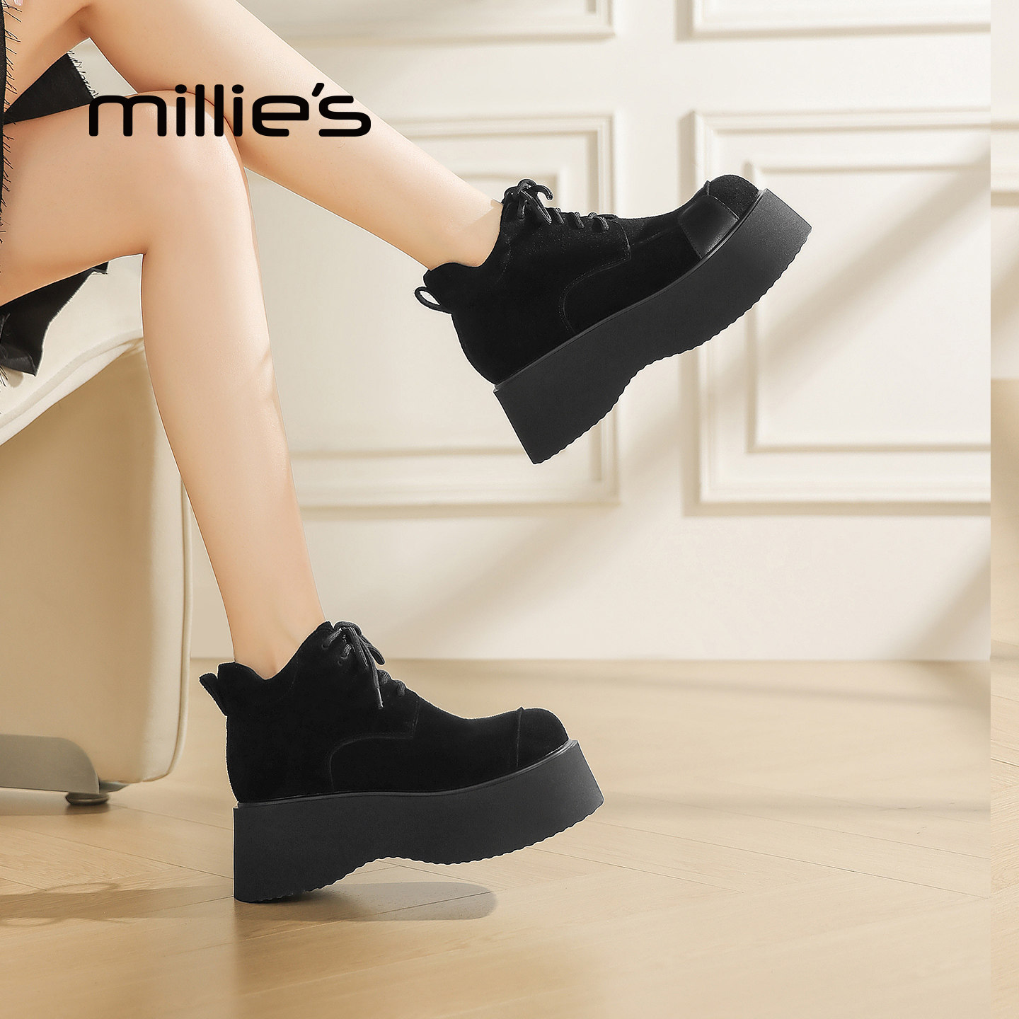 MILLIE'S/妙丽复古勃肯鞋女松糕厚底增高低帮系带时尚百搭乐福鞋Q,淘宝优惠券,粉丝福利购,淘宝优惠卷