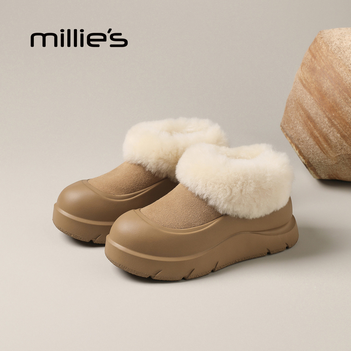 MILLIE'S/妙丽毛绒雪地靴女冬季加绒保暖厚底增高勃肯鞋一脚蹬Q,淘宝优惠券,粉丝福利购,淘宝优惠卷