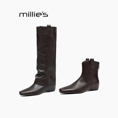MILLIE'S/妙丽高跟裤管靴女长筒黑靴子秋冬季新款粗跟尖头骑士靴Q - 图0