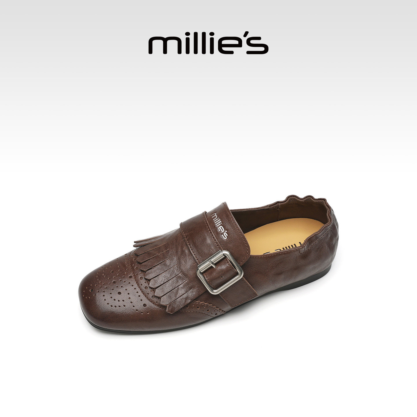MILLIE'S/妙丽布洛克风流苏皮带扣老爹鞋休闲平底小皮鞋百搭女鞋Q,淘宝优惠券,粉丝福利购,淘宝优惠卷
