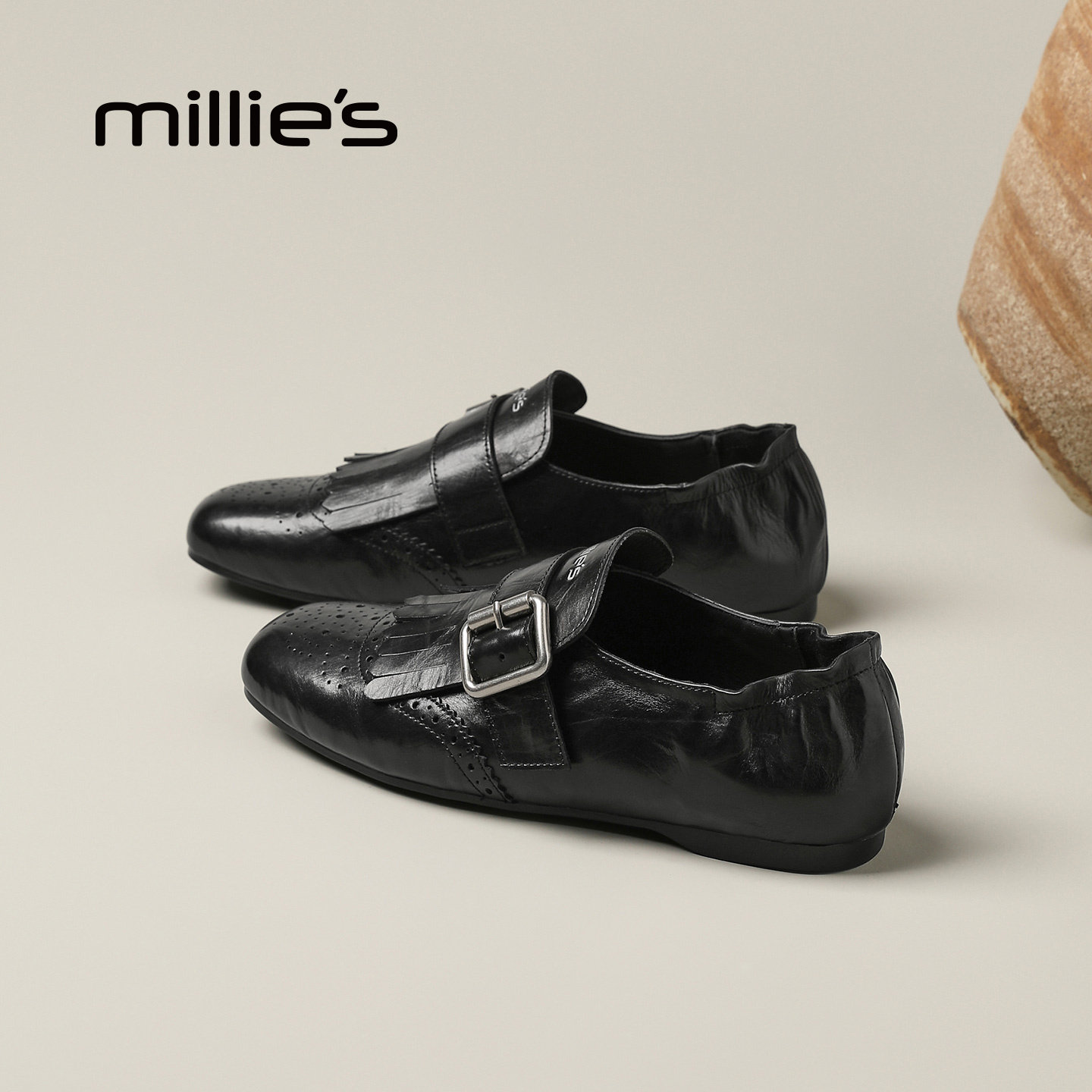 MILLIE'S/妙丽复古英伦风黑色皮带扣乐福鞋女百搭流苏小皮鞋Q,淘宝优惠券,粉丝福利购,淘宝优惠卷