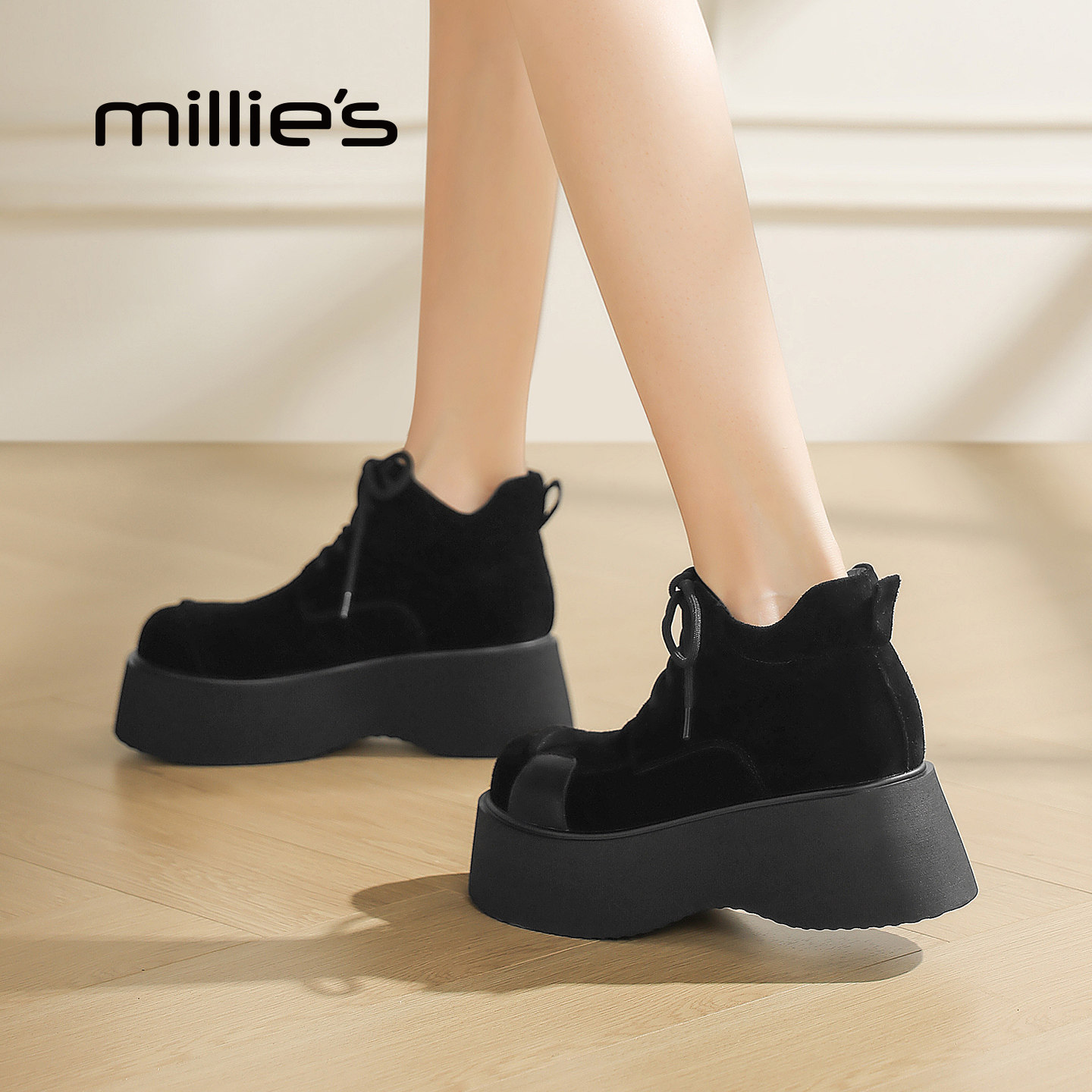 MILLIE'S/妙丽复古勃肯鞋女松糕厚底增高低帮系带时尚百搭乐福鞋Q,淘宝优惠券,粉丝福利购,淘宝优惠卷