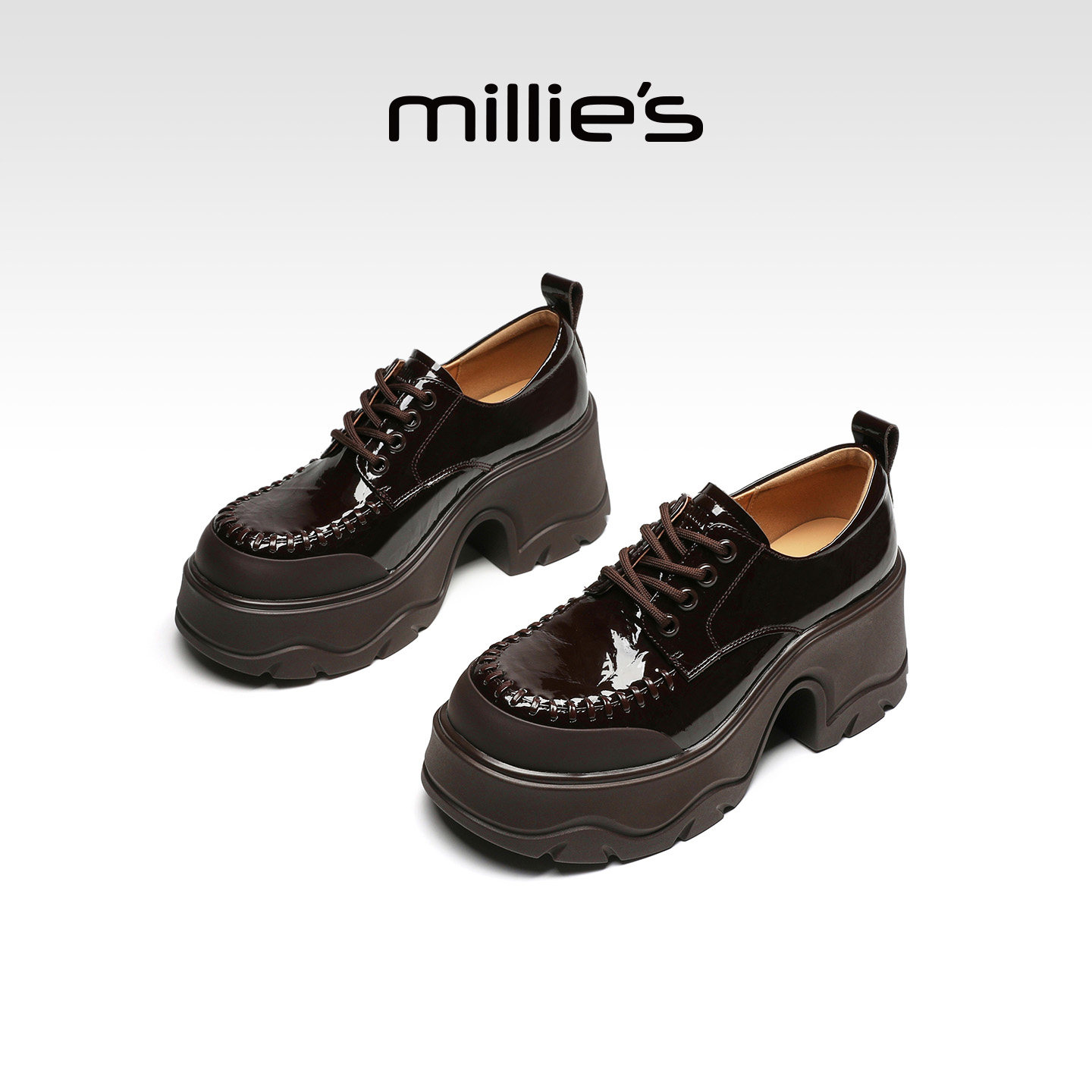 MILLIE'S/妙丽英伦风厚底乐福鞋女漆皮系带增高小个子松糕鞋Q,淘宝优惠券,粉丝福利购,淘宝优惠卷