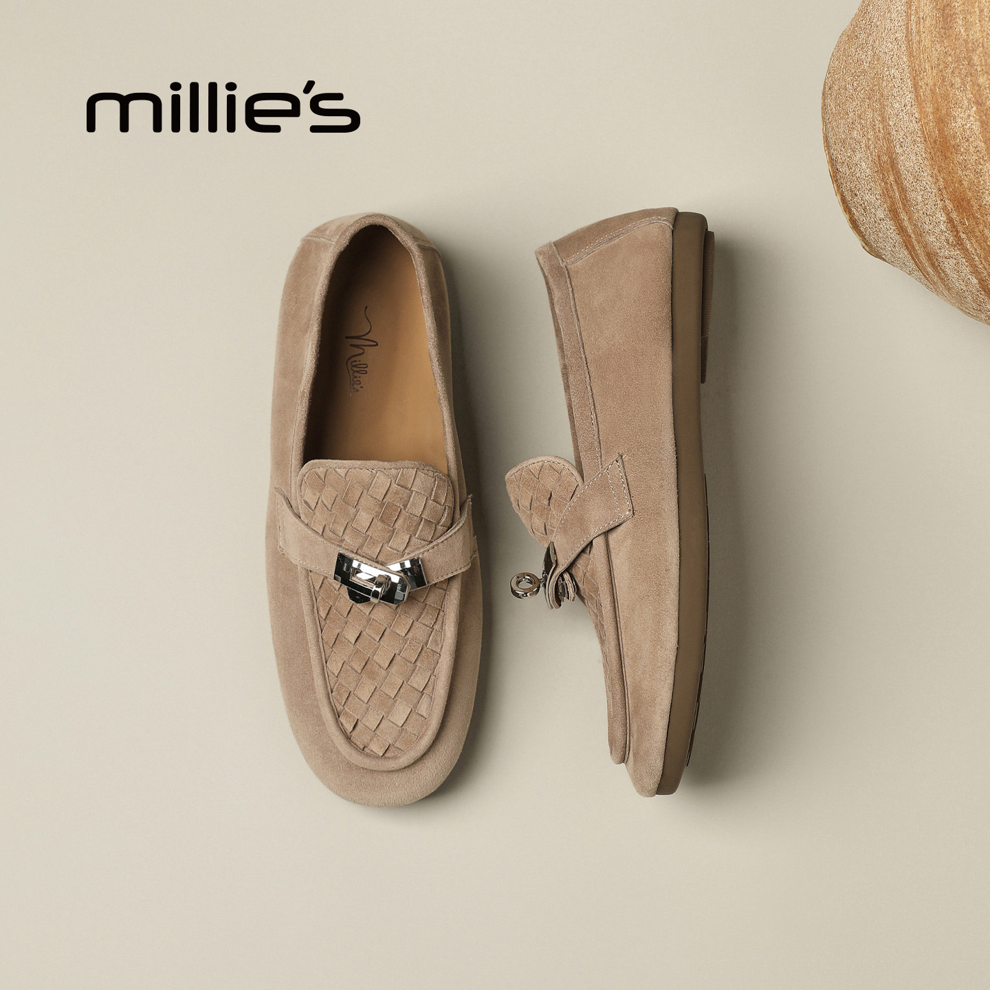 MILLIE'S/妙丽复古风反绒乐福鞋女2025新款流苏一脚蹬老爹鞋Q,淘宝优惠券,粉丝福利购,淘宝优惠卷