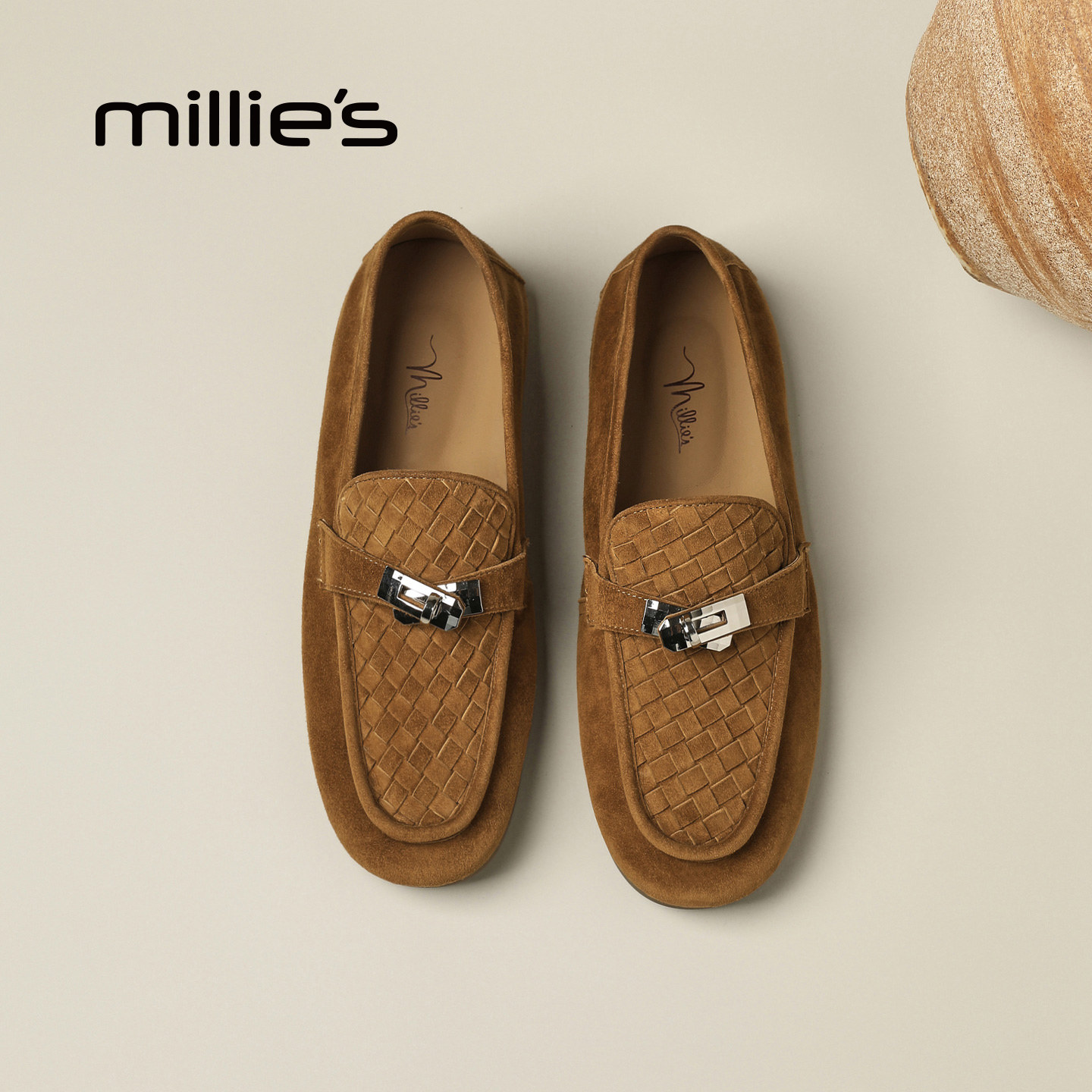 MILLIE'S/妙丽反绒皮乐福鞋女一脚蹬编织金属扣平底老爹鞋百搭Q,淘宝优惠券,粉丝福利购,淘宝优惠卷