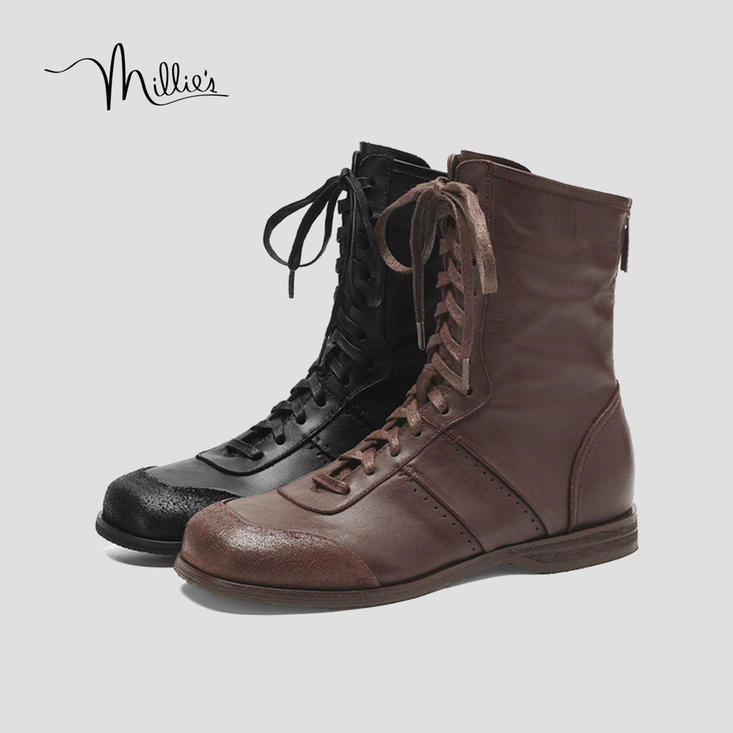 MILLIE'S/妙丽美拉德风真皮系带短靴女英伦风马丁靴弹力靴不累脚Q,淘宝优惠券,粉丝福利购,淘宝优惠卷