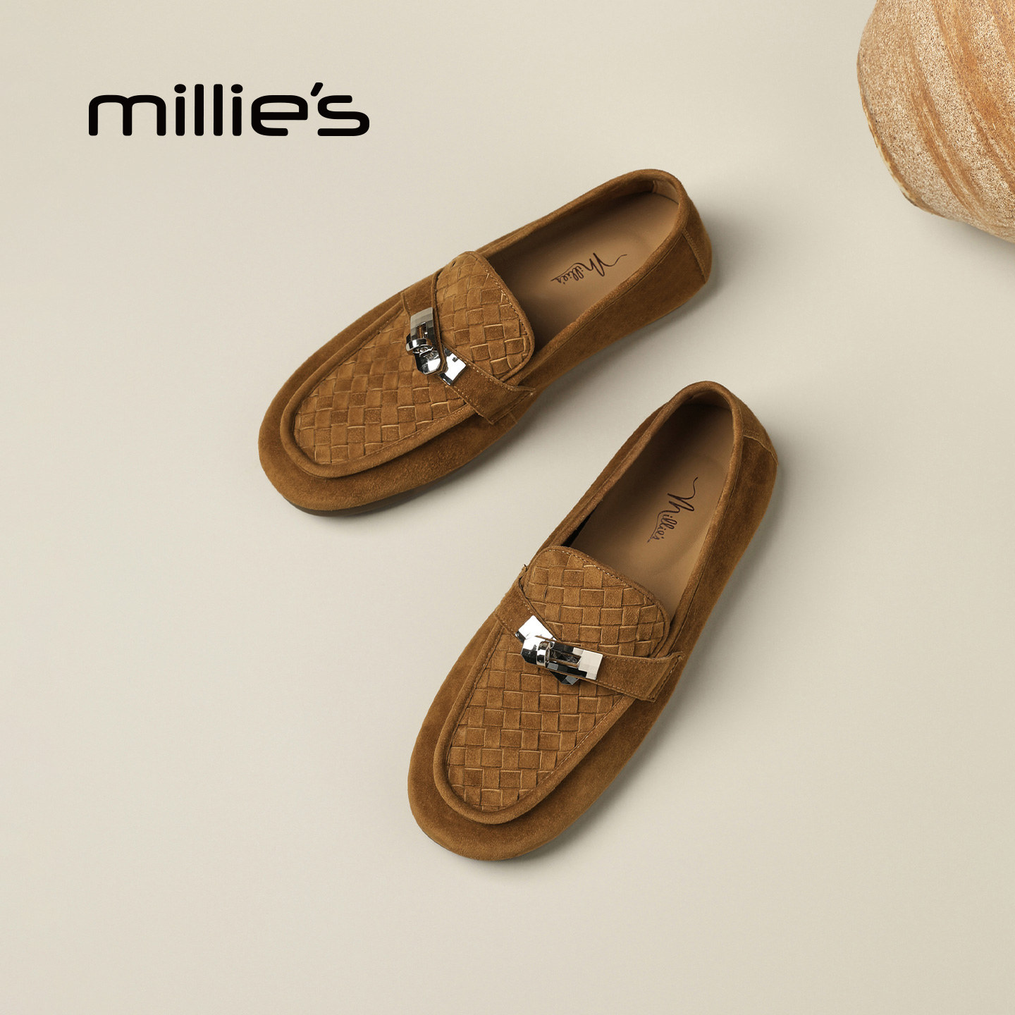 MILLIE'S/妙丽反绒皮乐福鞋女一脚蹬编织金属扣平底老爹鞋百搭Q,淘宝优惠券,粉丝福利购,淘宝优惠卷