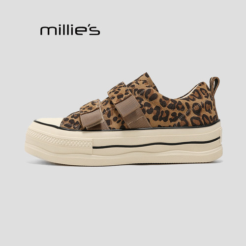 MILLIE'S/妙丽一脚蹬帆布鞋女夏季薄款透气豹纹松紧带休闲板鞋P - 图1