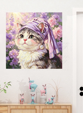 戴头巾珍珠耳饰萌猫贴纸房间出租屋自粘背景墙贴画遮丑防水装饰贴