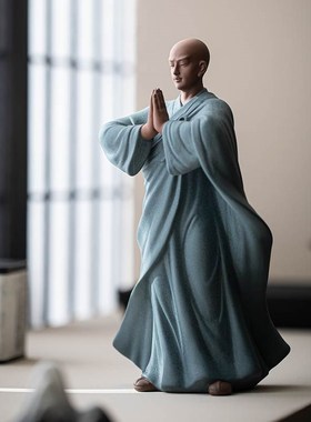 炼器新中式紫砂小和尚摆件禅意陶瓷人物客厅茶桌装饰鱼缸假山造景