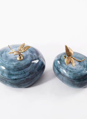 新中式家居创意铜蜻蜓陶瓷装饰品摆件后现代客厅酒柜书柜软装摆设