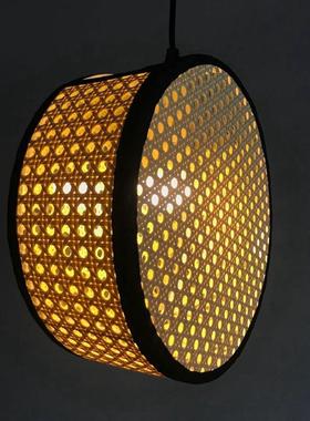 创意个性阳台餐厅卧室吊灯复古日式灯具竹篾编织铁艺吊灯圆饼吊灯